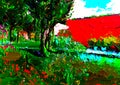 Impressionist style colour sketch of a design for a town garden with a red wall Royalty Free Stock Photo
