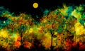 An impressionist style image of a garden with flowers, trees and night sky with yellow moon