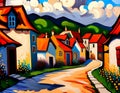 impressionist style painting of a street of brightly painted houses in a traditional English village in summer