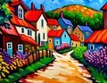 impressionist painting of a street of brightly painted houses in a traditional English village in summer