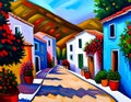 painting of a street of brightly painted houses in a traditional greek village in summer