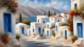 impressionist painting of a sunlit traditional greek village with ancient white houses in summer sunlight