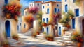 impressionist painting of a sunlit traditional greek village with ancient white houses in summer sunlight