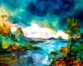 An impressionist watercolour painting style image of a landscape