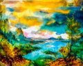 An impressionist watercolour painting style image of a landscape