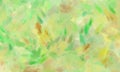 Impressionistic green background with yellow and brown paint brush strokes and spots with crinkled rough glass texture in modern a