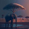 Impressionistic Illustration of Single Elephant at Savannah Watering Hole