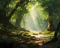 An impressionistic landscape depicting a tranquil forest scene