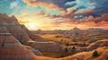 Impressionistic Oil Illustration Of Badlands At Sunset