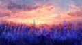 Impressionistic painting of a lavender field at sunset