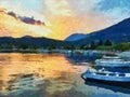 Sunset Over Bay With Small Boats, Oil Painting Style