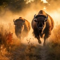 Ai Generated illustration Wildlife Concept of These impressive American Bison wander the Kansas Maxwell Prairie Preserve