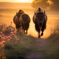 Ai Generated illustration Wildlife Concept of These impressive American Bison wander the Kansas Maxwell Prairie Preserve