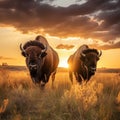 Ai Generated illustration Wildlife Concept of These impressive American Bison wander the Kansas Maxwell Prairie Preserve