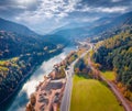 Impressive autumn view from flying drone of gravel plant. Royalty Free Stock Photo