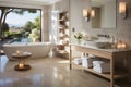 impressive bathroom with an elegant bathtub and an elegant washbasin. marble walls and ceramic tiles. ai generated