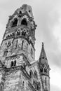 Impressive black and white view of the ruins of the Kaiser Wilhelm GedÃÂ¤chtniskirche church in Charlottenburg Berlin Royalty Free Stock Photo