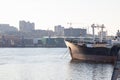 The impressive bow of a ÃÂargo ship is in dry dock at the shipyard of port vladivostok