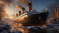 Impressive Cruiseship Titanic Among Ice Floes extreme closeup. Generative AI