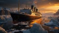 Impressive Cruiseship Titanic Among Ice Floes extreme closeup. Generative AI