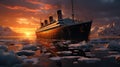 Impressive Cruiseship Titanic Among Ice Floes extreme closeup. Generative AI