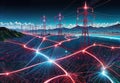 Electricity transmission lines and high voltage pylons. 3D rendering, generative ai