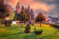 Impressive evening cityscape of Bitola city with tower hall. Picturesque sunset in North Macedonia, Europe.