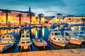 Impressive evening cityscape of Split town. Picruresque summer sunset in Croatia, Europe. Beautiful world of Mediterranean countri