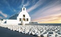 Impressive evening view of Santorini island. Picturesque spring sunset on the famous Greek resort. Fira. Greece. Europe. Traveling