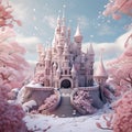 Impressive fairytale castle in winter landscape on snowy weather with snowfall. By generative Ai Royalty Free Stock Photo