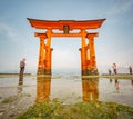 Impressive Floating Torii gate with blurred tourists, low tide with reflection.