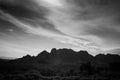 Sunset in the mountains, clouds over the mountains, sunny and bright clouds, black and white Royalty Free Stock Photo