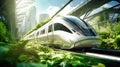 An impressive image of an urban magnetic levitation train, illustrating the future of efficient high-speed rail travel. Eco-