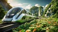 An impressive image of an urban magnetic levitation train, illustrating the future of efficient high-speed rail travel. Eco-