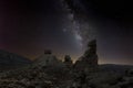 The impressive Milky Way in the sky over the rocky volcanic landscape of the island of Tenerife. Royalty Free Stock Photo