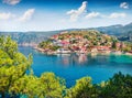 Impressive morning cityscape of Asos village on the west coast of the island of Cephalonia, Greece, Europe. Colorful spring Royalty Free Stock Photo