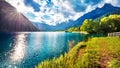 Impressive morning scene of Santa Caterina lake. Wonderful summer view of Auronzo di Cadore / Aulus-les-Bains resort, Province of