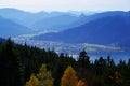 Impressive mountain landscape with a great view and a village on the lake in the valley 