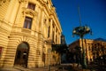 Impressive Neo-Renaissance facade of Vinohrady Municipal Theatre or Divadlo na Vinohradech, Peace Square or namesti Miru in sunny