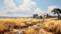 Field With Farm And Cows: Hyper-detailed Painting In Cryengine Style