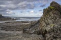 Impressive rock formations on Bude beach Royalty Free Stock Photo