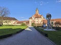 Impressive sculptures of Duchess Diana von Wuerttemberg are located in the Altshausen castle park