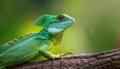 Vividly Colored Green Plumed Basilisk Lizard in a Tropical Rainforest Canopy, Showcasing Striking Feathers and Agile Demeanor, Royalty Free Stock Photo