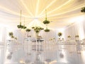 IMPRESSIVE SILVER RECEPTION VENUE WITH BEAUTIFUL WHITE  WEDDING CAKE AT CANDY TABLES, FLORAL GREEN DECORATION, REFLECTIVE FLOOR, B Royalty Free Stock Photo