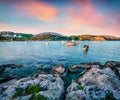 Impressive spring scene of Nuevo Loca Beach, Aegean sea. Wonderful sunset in Anavyssos town, Greece, Europe. Traveling concept Royalty Free Stock Photo