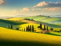 Impressive springtime scene with cypress trees, farmland, and undulating hills. Royalty Free Stock Photo