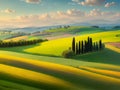 Impressive springtime scene with cypress trees, farmland, and undulating hills. Royalty Free Stock Photo