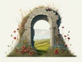 An impressive stone archway standing tall amidst an open field of vibrant wildflowers. Lifestyle concept. AI generation