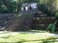 Impressive stony pyramid at ancient mayan National Park of Palenque city at Chiapas state in Mexico, landscape of jungle