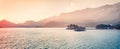 Impressive summer panorama of Sveti Stefan town. Amazing evening seascape of Adriatic sea, Montenegro, Europe. Beautiful world of Royalty Free Stock Photo